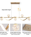 Modern Linear Pendant Light Set Featuring Six Glass Globe Shades Dimmable Gold Kitchen Island Fixture on adjustable length mount.