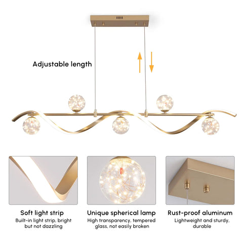Modern Linear Pendant Light Set Featuring Six Glass Globe Shades Dimmable Gold Kitchen Island Fixture on adjustable length mount.