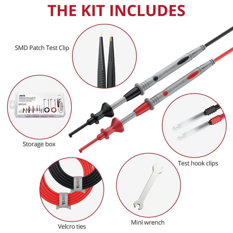 25 Piece Silicone Multimeter Leads Kit With Replaceable Probes CAT III 1000V 20A includes test clips, storage, velcro ties, wrench