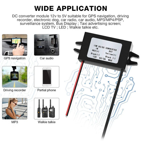 Two Pack 12V To 5V USB Buck Converter Module Dual USB Ports 3A 15W Car Power Adapter Voltage Regulator with application examples