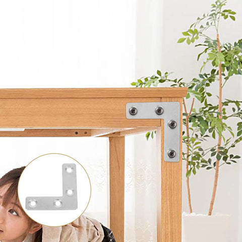 36 Piece Heavy Duty L Shaped Shelf Brackets Stainless Steel for wall mounted furniture support on wooden table corner.