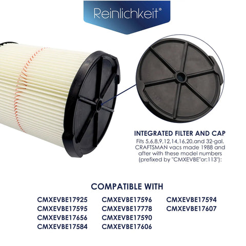 Replacement Cartridge Filter For 9-38754 Red Stripe General Purpose For 5 To 20 Gallon Shop Vacuums, filter and cap close-up.