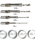 Front view: Mortising attachment set for drill press; steel bits (5/8, 1/2, 3/8, 1/4 in) with circle rings (52.5–60 mm)