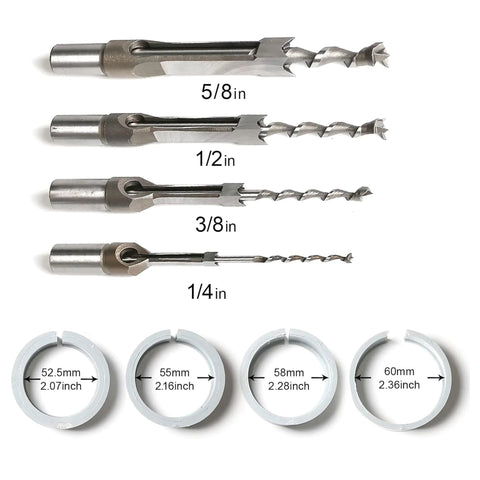 Front view: Mortising attachment set for drill press; steel bits (5/8, 1/2, 3/8, 1/4 in) with circle rings (52.5–60 mm)