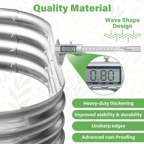 Close-up of Backyard Ready Galvanized Raised Garden Bed For Outdoor Use With Oval Planter Box, showcasing wave shape design and thickness measurement.