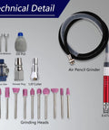 Ready To Roll 58000 Rpm Air Pencil Grinder 17Pc Pneumatic Micro Die Kit with air hose, grinding heads, oil pot, and accessories.
