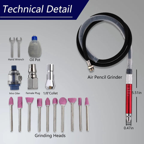Ready To Roll 58000 Rpm Air Pencil Grinder 17Pc Pneumatic Micro Die Kit with air hose, grinding heads, oil pot, and accessories.