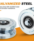 Heavy Duty 4 Inch V Groove Gate Wheels 3000 Lbs Load Capacity Solid Steel Sliding Pivot Caster Galvanized Surface Coating close-up view.