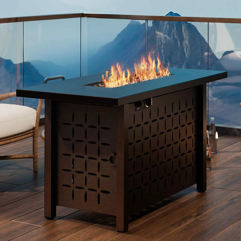 43 Inch Outdoor Gas Fire Pit Table With 50000 BTU Propane Heat Includes Lid And Lava Rock on patio with mountain view