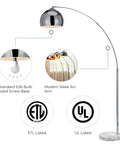 68 Inch Arc Floor Lamp With White Faux Marble Base And Chrome Bell Shade, standing light with details on bulb base and certifications shown.