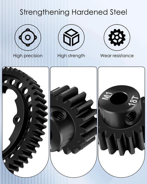 Traxxas X Maxx gear upgrade kit showing 54T spur gear and 18T pinion made of hardened steel, enhancing precision and wear resistance.