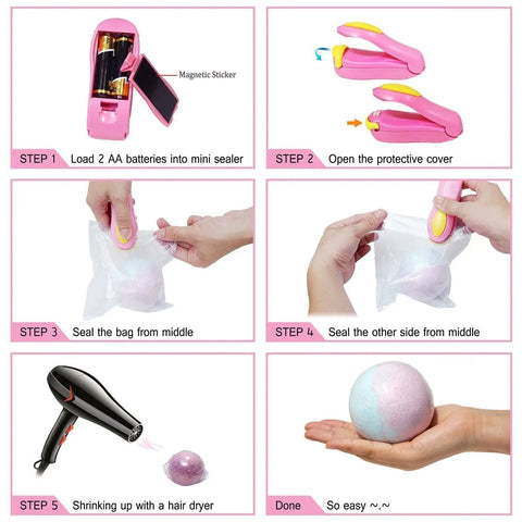 Instructions for using mini heat sealer in 200 Pack 6x6 Inch Shrink Wrap Bags With Mini Heat Sealer For Handmade Soaps Bath Bombs And DIY Crafts Packaging And Gift Wrapping For Delicate Handmade Goods And Small Gift Sets