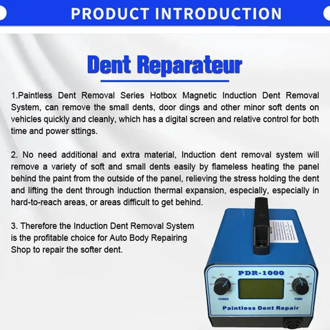 Pro Grade Paintless Dent Removal Kit with Digital Display shown with instructions on how to repair dents.