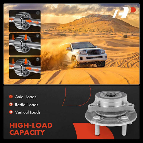 2 Pack Front Or Rear Wheel Bearing And Hub Assembly 5 Lug Budget Friendly OEM Grade For Hyundai And Kia AWD Cars 2017 To 2023 Elantra Elantra GT Ioniq Kona Veloster Niro Seltos showing multi-angle illustrations and hub details