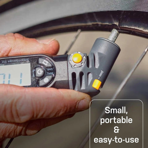 Digital Tire Pressure Gauge With Dual Valve SmartHead for Presta and Schrader, checking bike tire with LCD readout, 250 PSI capacity