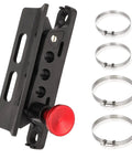 Quick Release Fire Extinguisher Holder Mount Bracket For Wrangler And UTVs with four clamps, black nylon, side view.