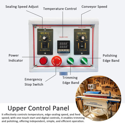 Upper control panel of No Hassle Automatic Edge Banding Machine Heavy Duty Workhorse for precise adjustments on trimming and polishing.