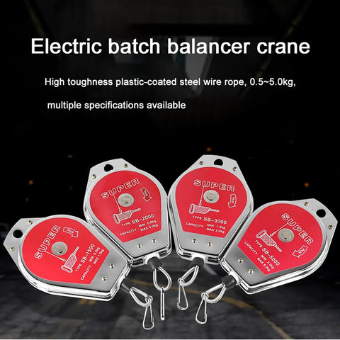Electric batch balancer crane tools set with plastic-coated steel wire rope and multiple load specifications from 0.5 to 5kg.