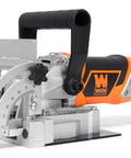 Beefed Up Plate And Biscuit Joiner With Case And Biscuits, 8.5 Amp Motor, adjustable fence for precise slots, angled view