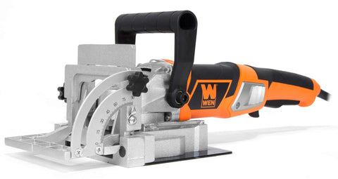 Beefed Up Plate And Biscuit Joiner With Case And Biscuits, 8.5 Amp Motor, adjustable fence for precise slots, angled view