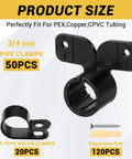 Front view of a black 3/4 inch PEX pipe clamp kit; includes 50 pipe clamps, 20 R-type nylon clamps, and 120 expansion screws