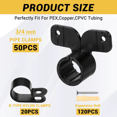Front view of a black 3/4 inch PEX pipe clamp kit; includes 50 pipe clamps, 20 R-type nylon clamps, and 120 expansion screws
