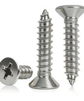 Heavy Duty Flat Head Phillips Self Tapping Screws In 304 Stainless Steel 18 8 Grade showing sharp points and flat heads.