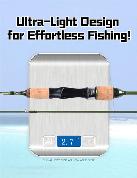 Ultralight Trout Spinning and Casting Rod, Two Piece Carbon Fiber Blank With Cork Handle, on scale showing 2.7 oz