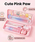 Pink Kawaii Stationery Set 9 Plus 1 Piece Kit With Cat Paw Design, open box showing pens, ruler, eraser, and cat paw accessories