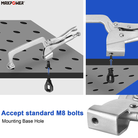 Two Pack 14 Inch Bench Clamp System For Welding Tables Heavy Duty C Clamps With M8 Bolts Deep Reach Jaw Four Seven Eight Inch Throat Five And Five Eighth Inch Table Mounted Ideal For Welding Woodworking Drilling Routing And Assembly, M8 mount detail