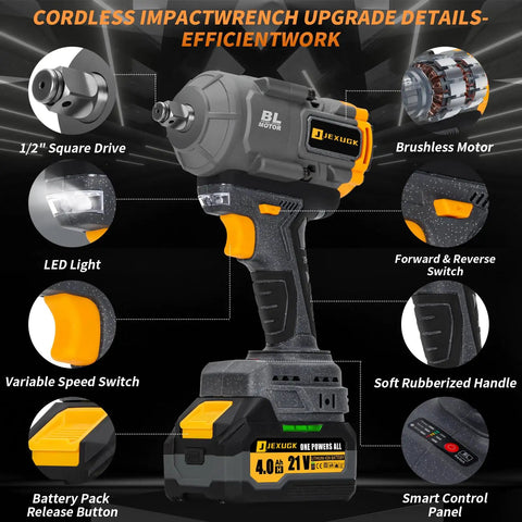 High Torque Cordless Impact Wrench 1500 Nm One Half Inch Drive With Two Four Amp Hour Batteries And Six Sockets 21V Power Tool
