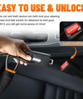 Universal Seventeen Inch Steering Wheel And Seat Belt Lock installed on car seat demonstrating lock position.