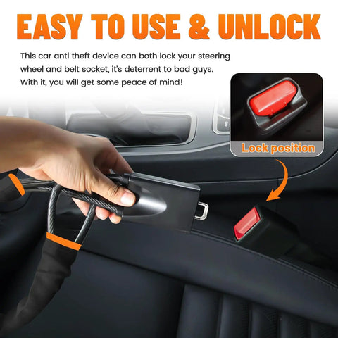 Universal Seventeen Inch Steering Wheel And Seat Belt Lock installed on car seat demonstrating lock position.