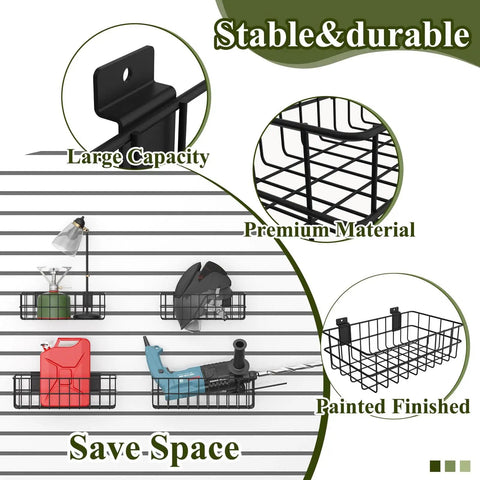 4 Pack Heavy Duty Slatwall Baskets Set For Garage And Shop Organization, Black Metal Slat Wall Storage Bins Installed