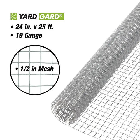 Heavy Duty Half Inch Mesh Welded Wire Fence Hardware Cloth 24 Inch By 25 Foot Roll In Galvanized Steel For Chicken Coops Garden Protection And Bird And Rabbit Enclosures, showing a roll of 19 gauge wire with half-inch mesh grid pattern.