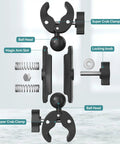 Parts layout of Double Clamp Umbrella Camera Pole With 360 Degree Ball Head And Magic Socket Arm All In One Clamp Holder.