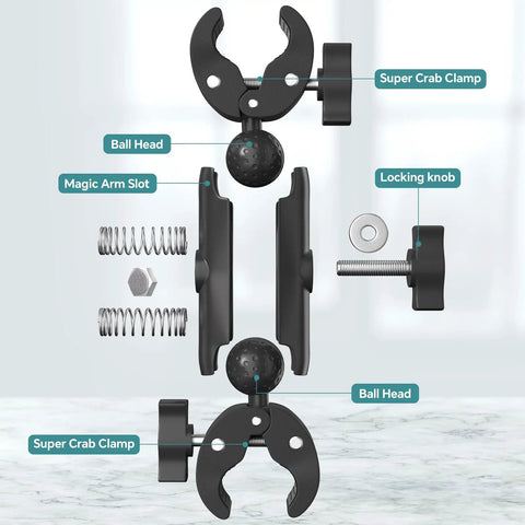 Parts layout of Double Clamp Umbrella Camera Pole With 360 Degree Ball Head And Magic Socket Arm All In One Clamp Holder.