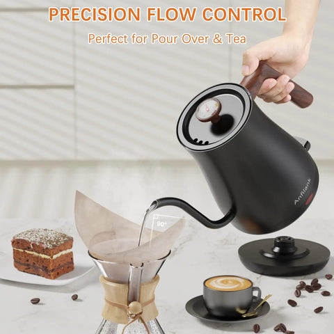 Pouring gooseneck electric kettle with built-in thermometer 0.8L 1200W fast heat for coffee and tea, auto shut off, stainless steel.