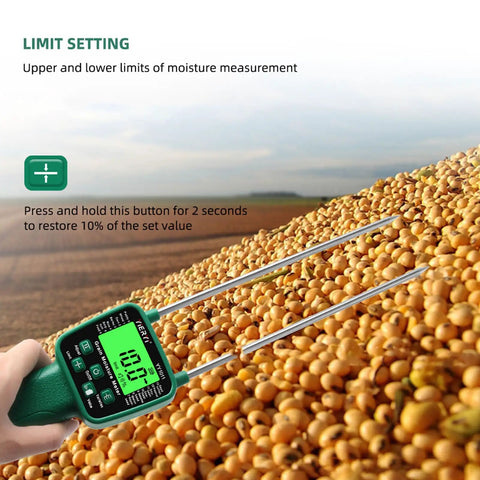 Portable Grain Moisture Meter With LCD Display And Dual Steel Probes, High Precision Hay Moisture Tester For Rice Wheat Corn And 14 Other Crops, Voice Broadcast Alerts, User Friendly And Ergonomic Anti Slip Handle measuring soybeans