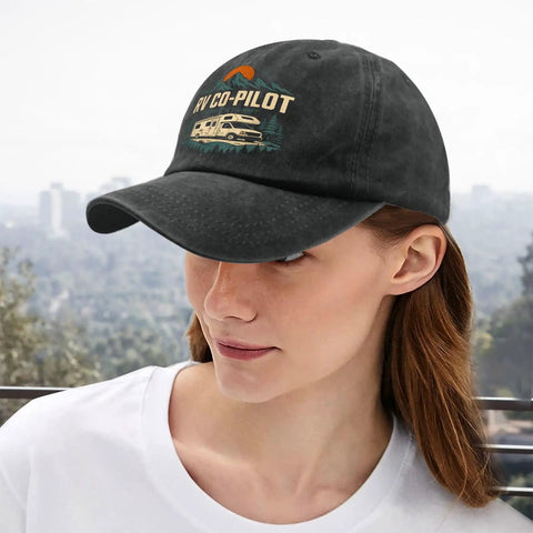 Woman wearing Womens RV Pilot Hat For Journeys And Road Trip Ready Camper Style Vacation Cap with RV graphic