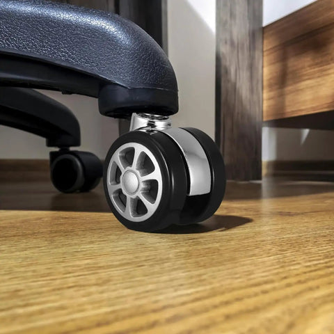 Heavy duty office chair caster set rolls smoothly on hardwood, steel and polyurethane, ideal for home and commercial use.