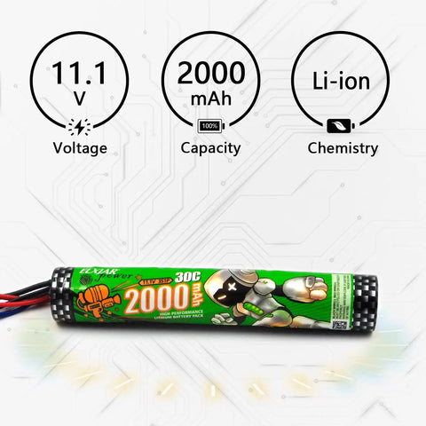 2-Pack Beefed-Up 11.1V 2000mAh Li-Ion Battery Pack With 30C Discharge For RC Cars Boats Drones And Hobby Shooting Devices Includes SM-2P Plug And Balance Charger, front view with specifications
