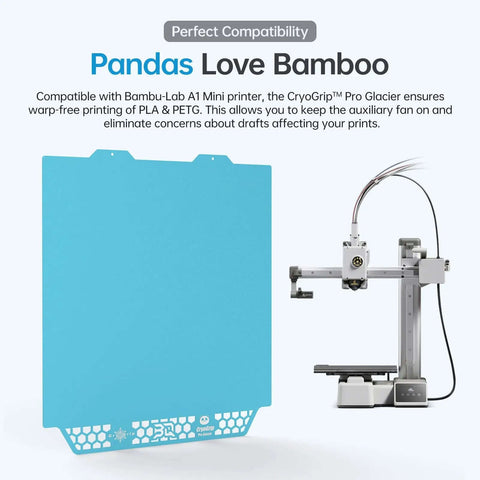 CryoGrip Pro Glacier Panda Double Sided Build Plate for Bambu-Lab A1 Mini 3D Printer next to 3D printer setup