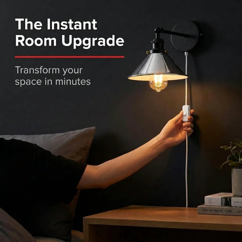 LEDSone Chrome Plug in Wall Sconce E26 Adjustable Cone Shade Wall Light with metal shade and visible plug, perfect for bedrooms.