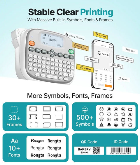 Top Shelf Qwerty Label Maker Featuring Waterproof Build And Portable Slick Design With Type C And Battery Power For Stress Free Home Office Organization Including One White 12mm Core Tape, showing keyboard and printing options.