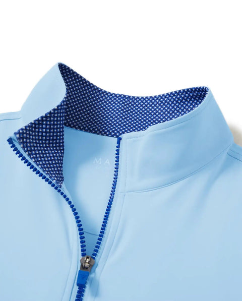 Close-up of the collar and zipper on Men's Quarter Zip Golf Pullover With Moisture Wicking Tech, Light Blue Midlayer