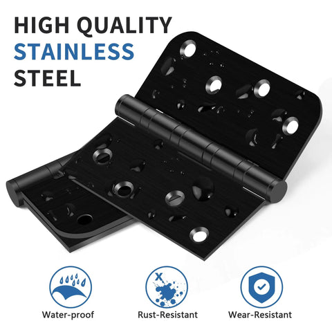 Top Notch Four Inch Ball Bearing Door Hinges In Deep Matte Black With Full Fastener Kit For Buttery Smooth Heavy Duty Exterior Gate And Fence Swing Install Featuring Rounded Or Square Corner Styles Built Tough For Reliable Daily Use showing waterproof, rust-resistant matte black hinges.