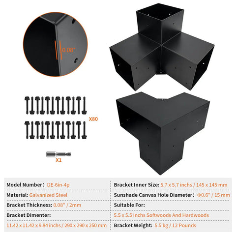 Three Way Pergola Corner Brackets Kit For Five And A Half Inch Beams Right Corner Heavy Duty Steel DIY Woodwork Hardware For Patio Gazebos Pergolas And Log Cabins Four Pack