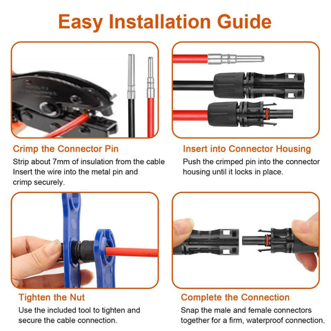 Easy installation guide for Tough 10AWG Solar Extension Cable 3Ft Red And Black PV Wire with connectors for RV camper.
