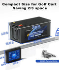 Beefed Up 48V LiFePO4 Golf Cart Battery Kit With 200A BMS And 58 Volt 18A Charger, compact size with measurements and components
